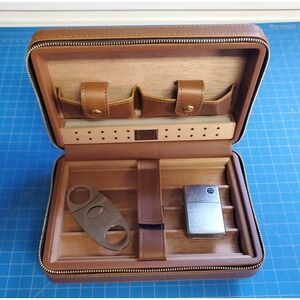 TanCigar Humidor Case Portable Cedar Wood Leather Travel Case With Zippo Lighter